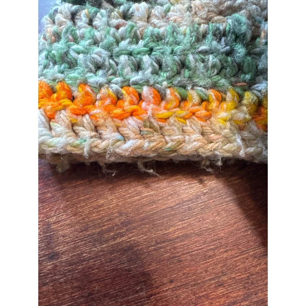 Vintage Handmade Crochet‎ Granny Square Blanket Green Cream Orange Boho Throw
